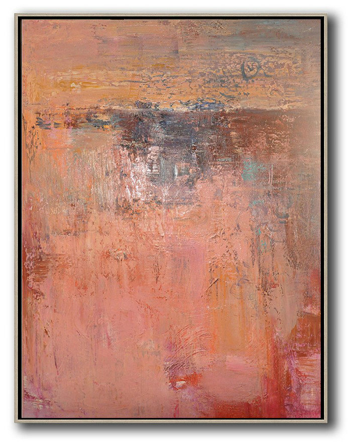 Vertical Palette Knife Contemporary Art,Giant Canvas Wall Art,Pink,Brown,Red